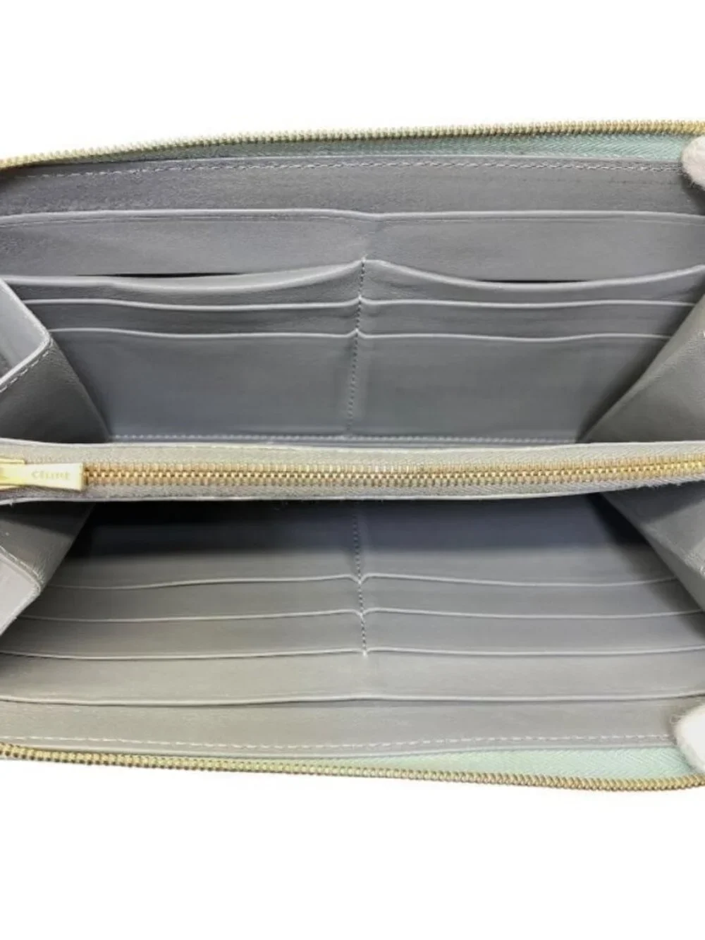Celine Wallet Long Round Zipper Logo Leather Green